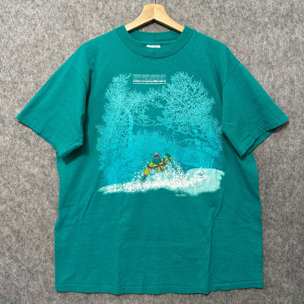 Vintage 1991 Oneita Ski The Summit Colorado T-Shirt XL Single Stitch Teal
